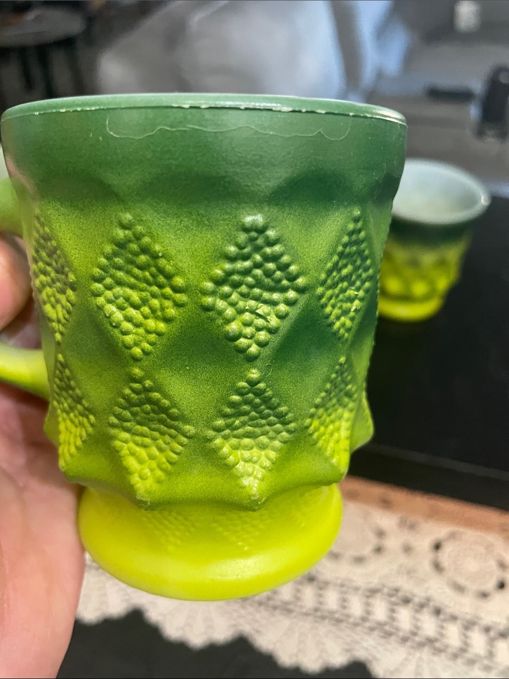 Fire King Kimberly Green Ombre Diamond Textured Glass Mugs - Set of 4 - Picture 10 of 10